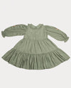 Early Sunday, Marguerite Dress in Sage Green, made from Viscose Drapey Twill fabric, featuring floral embroidery with frilled Peter Pan collar and gathered sleeves, shown in a back flat-lay view