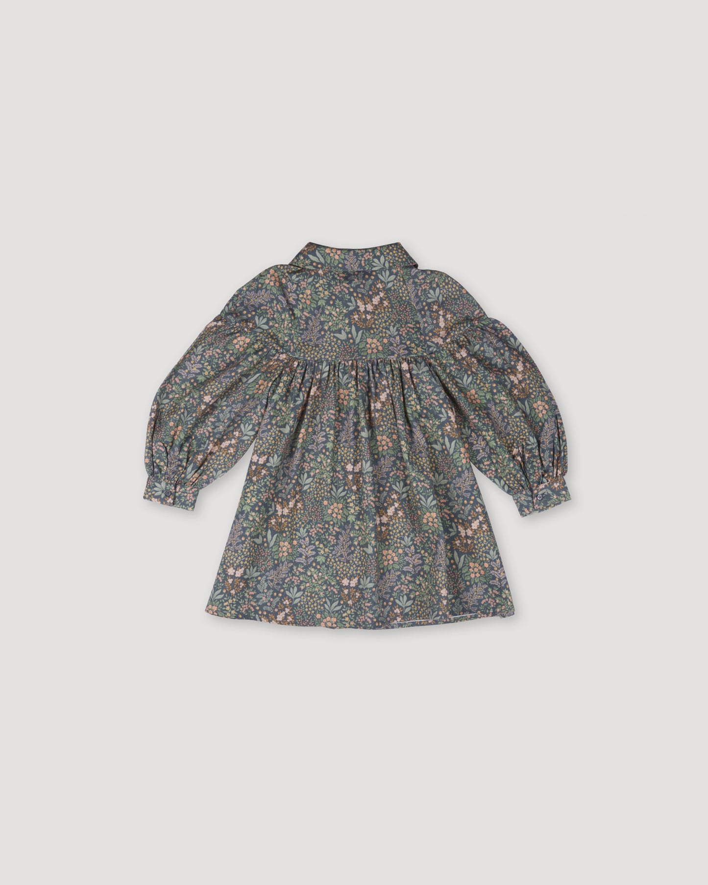Early Sunday, Melanie Dress in Autumn Garden Greyish Blue, made from Printed Cotton Satin fabric, featuring classic silhouette with a collar, shown in a back flat-lay view