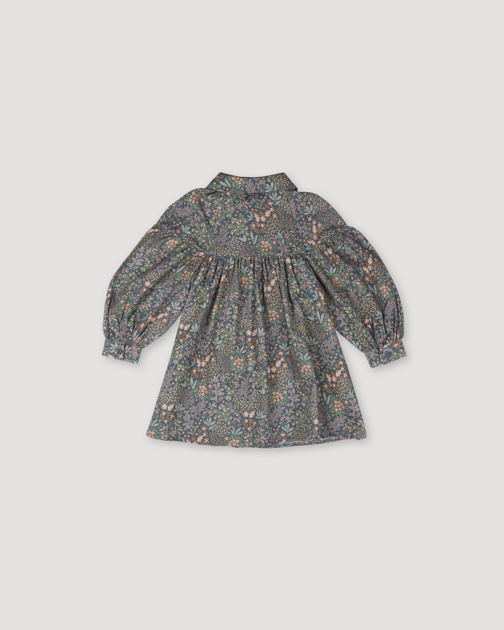 Early Sunday, Melanie Dress in Autumn Garden Greyish Blue, made from Printed Cotton Satin fabric, featuring classic silhouette with a collar, shown in a back flat-lay view
