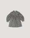 Early Sunday, Melanie Dress in Autumn Garden Greyish Blue, made from Printed Cotton Satin fabric, featuring classic silhouette with a collar, shown in a front flat-lay view