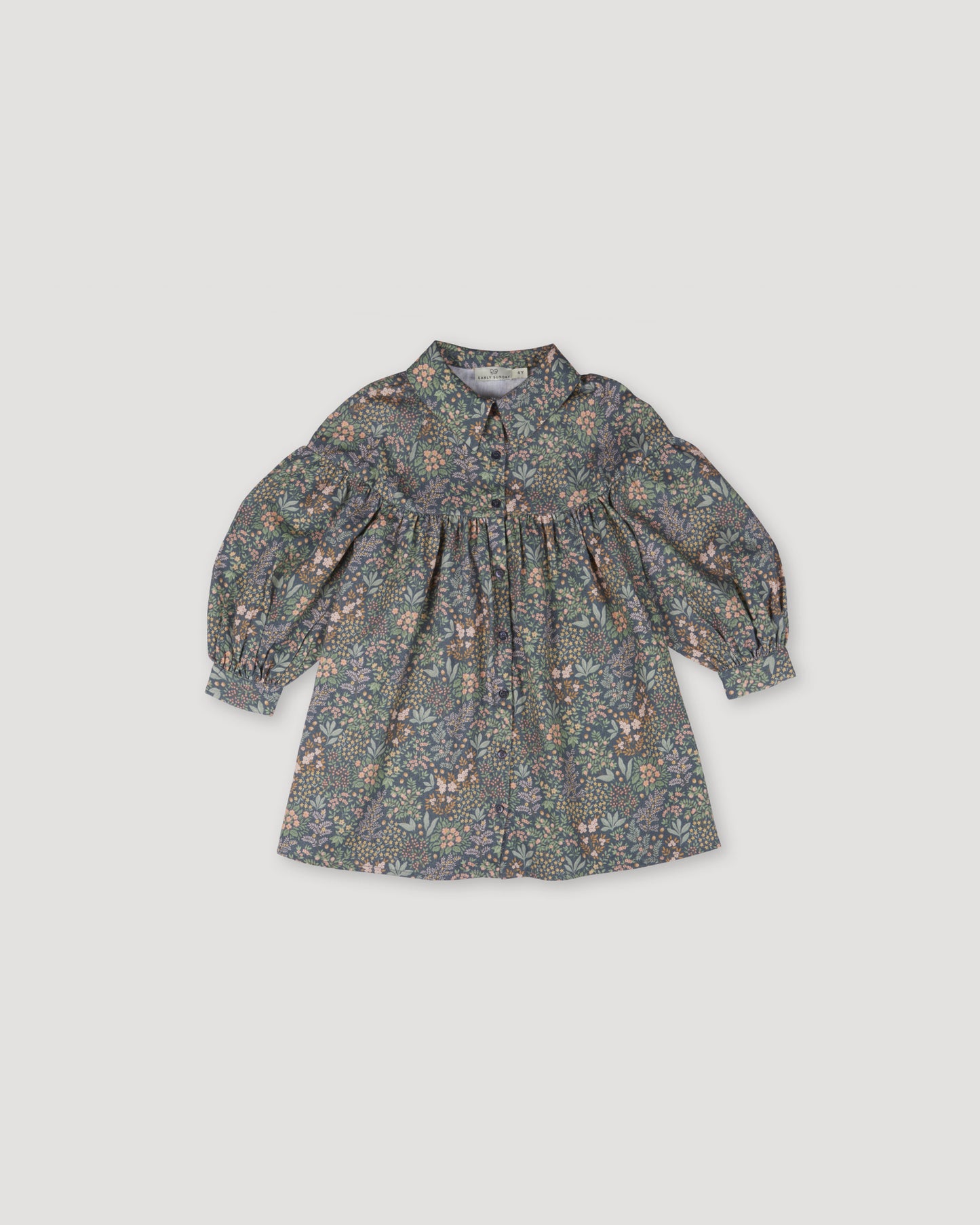 Early Sunday, Melanie Dress in Autumn Garden Greyish Blue, made from Printed Cotton Satin fabric, featuring classic silhouette with a collar, shown in a front flat-lay view