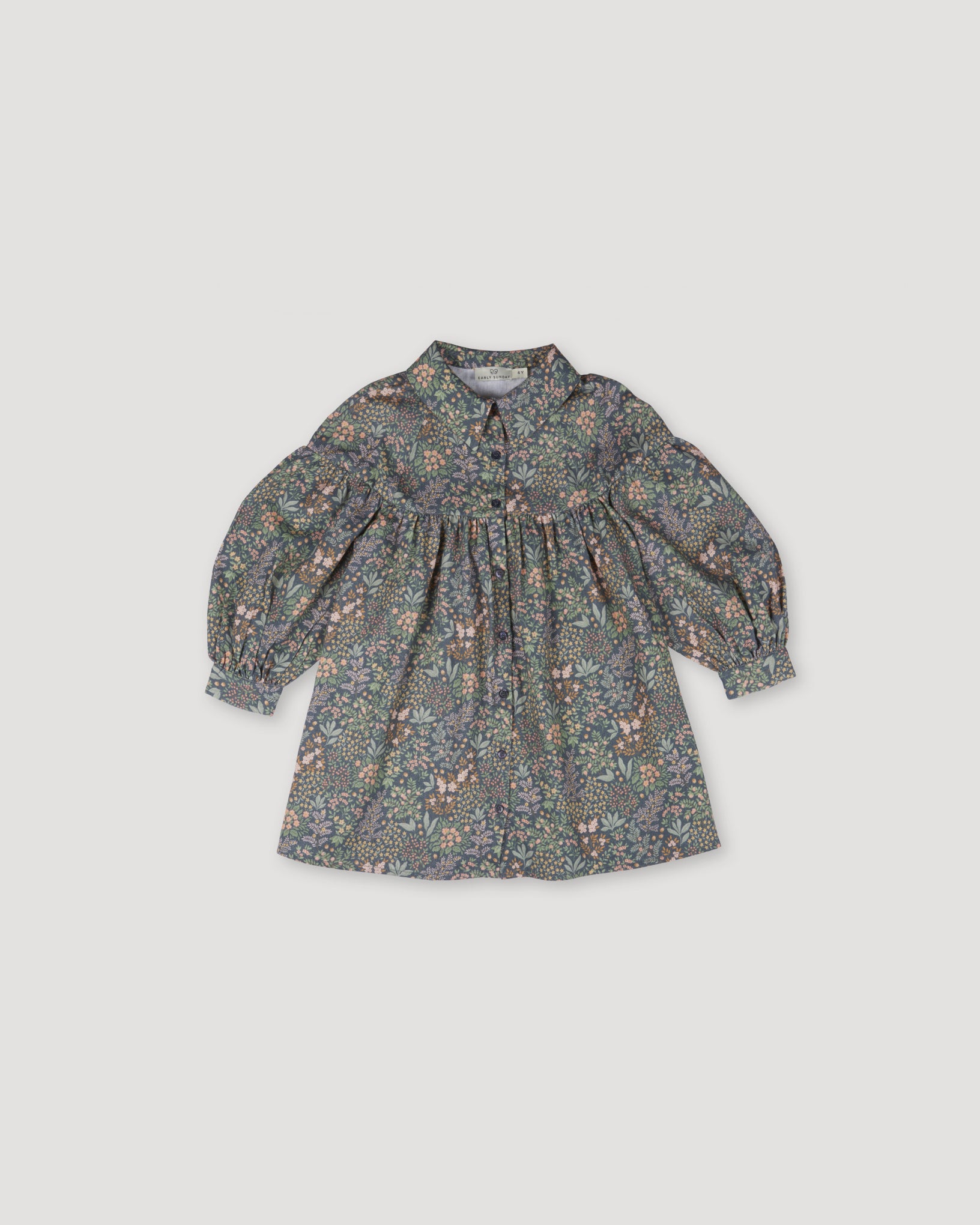 Early Sunday, Melanie Dress in Autumn Garden Greyish Blue, made from Printed Cotton Satin fabric, featuring classic silhouette with a collar, shown in a front flat-lay view