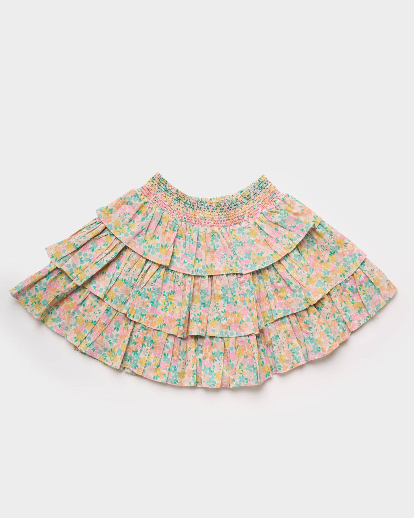 Early Sunday, Melissa Skirt in Emma Floral Mint color, made from Organic Printed Cotton Cambric fabric, featuring tiered frilly skirt with smocked waistband, shown in a back flat-lay view