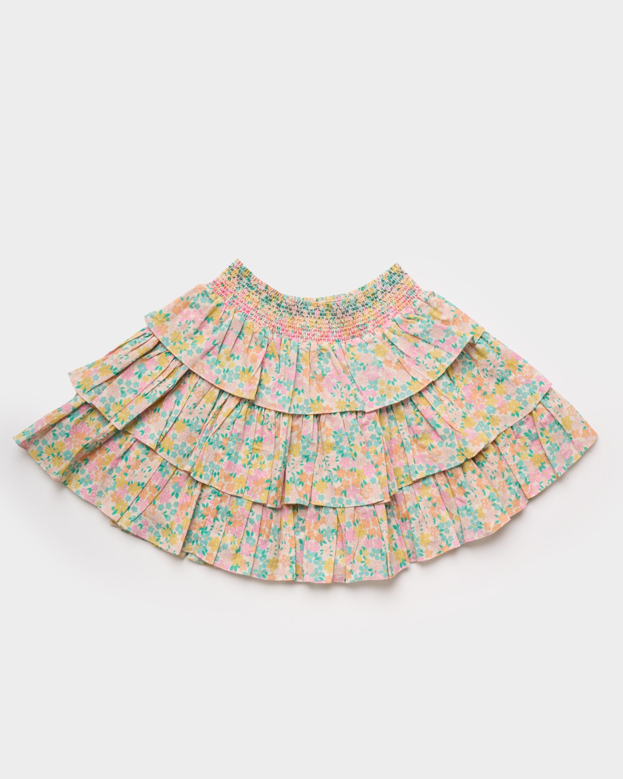 Early Sunday, Melissa Skirt in Emma Floral Mint color, made from Organic Printed Cotton Cambric fabric, featuring tiered frilly skirt with smocked waistband, shown in a back flat-lay view