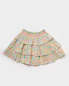 Early Sunday, Melissa Skirt in Emma Floral Mint color, made from Organic Printed Cotton Cambric fabric, featuring tiered frilly skirt with smocked waistband, shown in a front flat-lay view