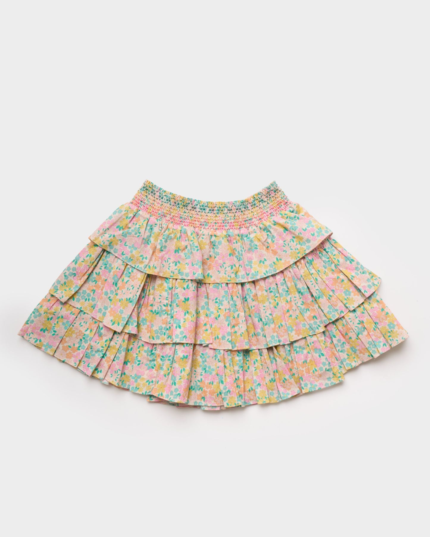 Early Sunday, Melissa Skirt in Emma Floral Mint color, made from Organic Printed Cotton Cambric fabric, featuring tiered frilly skirt with smocked waistband, shown in a front flat-lay view
