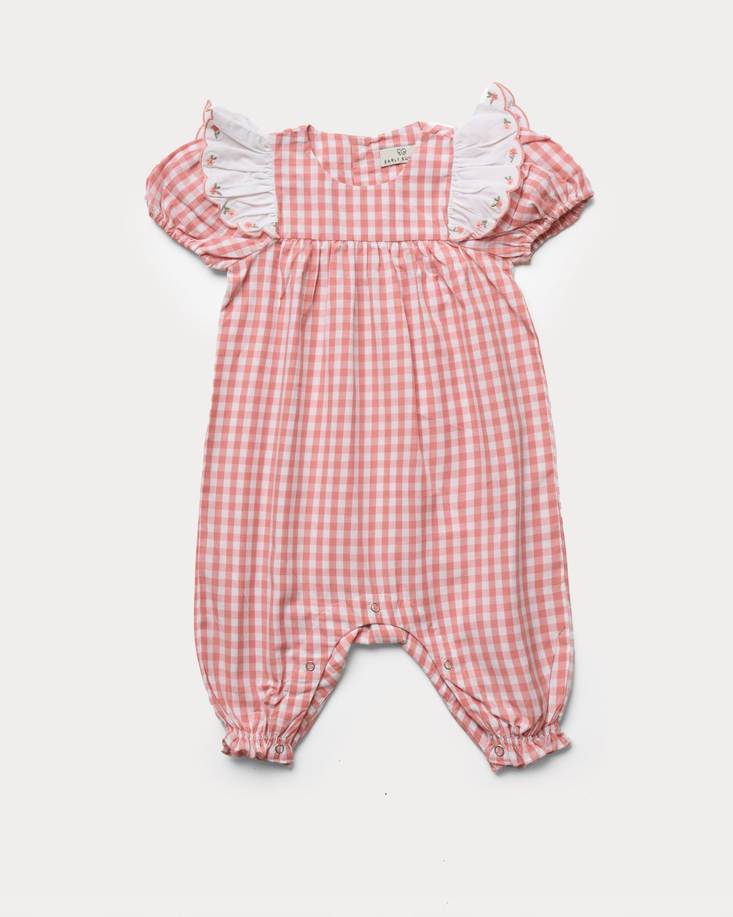 Early Sunday, Mia Baby Romper in Peony color, made from 100% Cotton Gingham Check fabric, featuring ruffled sleeves with rose embroidery, shown in a front flat-lay view