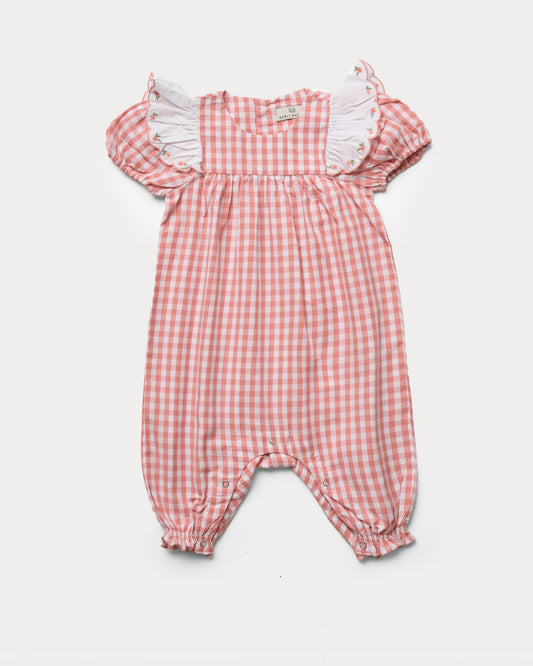 Early Sunday, Mia Baby Romper in Peony color, made from 100% Cotton Gingham Check fabric, featuring ruffled sleeves with rose embroidery, shown in a front flat-lay view
