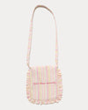 Early Sunday, Miss Sunday Sling in Pink Stripes print, made from 70% Cotton, 30% Linen fabric, featuring a frill detailed sling purse with flap closure, shown in a back flat-lay view