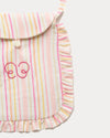 Early Sunday, Miss Sunday Sling in Pink Stripes print, made from 70% Cotton, 30% Linen fabric, featuring a frill detailed sling purse with flap closure, shown in a closeup flat-lay view