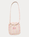 Early Sunday, Miss Sunday Sling in Pink Stripes print, made from 70% Cotton, 30% Linen fabric, featuring a frill detailed sling purse with flap closure, shown in a front flat-lay view