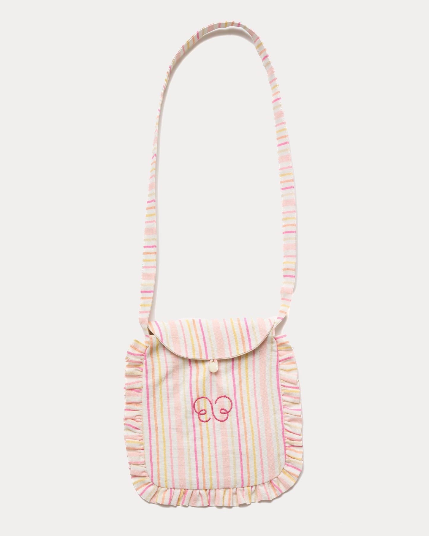 Early Sunday, Miss Sunday Sling in Pink Stripes print, made from 70% Cotton, 30% Linen fabric, featuring a frill detailed sling purse with flap closure, shown in a front flat-lay view