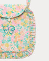 Early Sunday, Miss Sunday Sling in Emma Floral Mint color, made from Organic Printed Cotton Cambric fabric, featuring a frill detailed sling purse with flap closure, shown in closeup flat-lay view