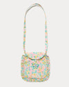 Early Sunday, Miss Sunday Sling in Emma Floral Mint color, made from Organic Printed Cotton Cambric fabric, featuring a frill detailed sling purse with flap closure, shown in front flat-lay view