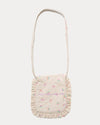 Early Sunday, Miss Sunday Sling in Butterflies print, made from Printed Cotton Tiny Swiss Dobby fabric, featuring a frill detailed sling purse with flap closure, shown in a back flat-lay view