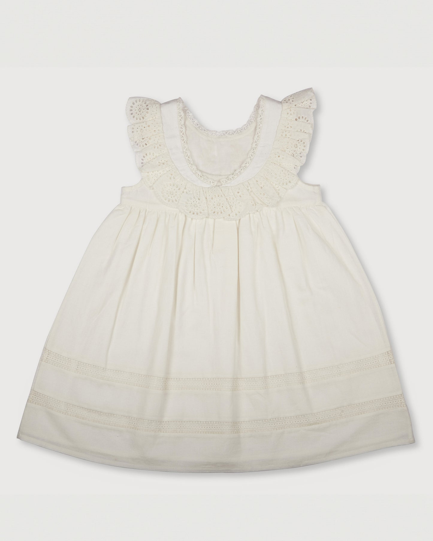 Early Sunday, Natasha Dress in Ivory color, made from 70% Cotton x 30% Linen fabric, featuring flattering fit with delicate finishes, combining style and functionality for an effortlessly elegant look, shown in a back flat-lay view