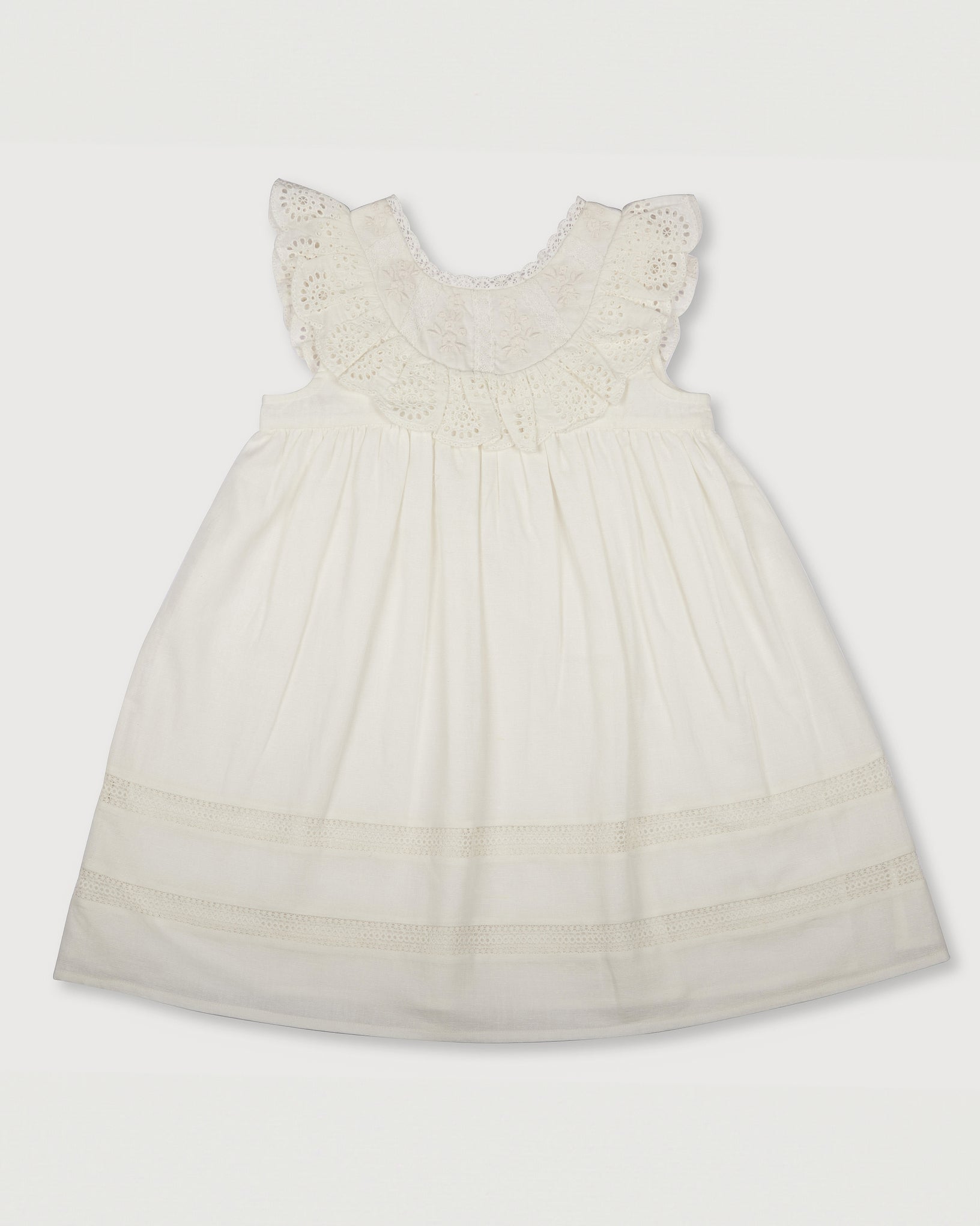 Early Sunday, Natasha Dress in Ivory color, made from 70% Cotton x 30% Linen fabric, featuring flattering fit with delicate finishes, combining style and functionality for an effortlessly elegant look, shown in a front flat-lay view