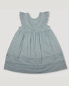 Early Sunday, Natasha Dress in Sea Dream color, made from All-Over Eyelet Embroidered Cotton Schifflie fabric, featuring flattering fit with delicate finishes, combining style and functionality for an effortlessly elegant look, shown in a back flat-lay view