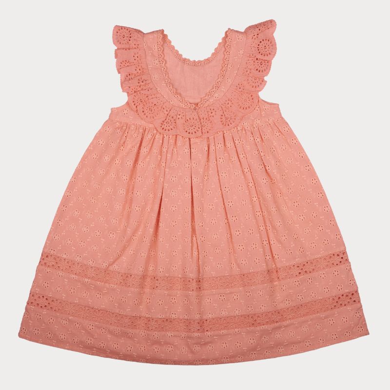 Early Sunday, Natasha Dress in Strawberry color, made from All-Over Eyelet Embroidered Cotton Schifflie fabric, featuring flattering fit with delicate finishes, combining style and functionality for an effortlessly elegant look, shown in a back flat-lay view