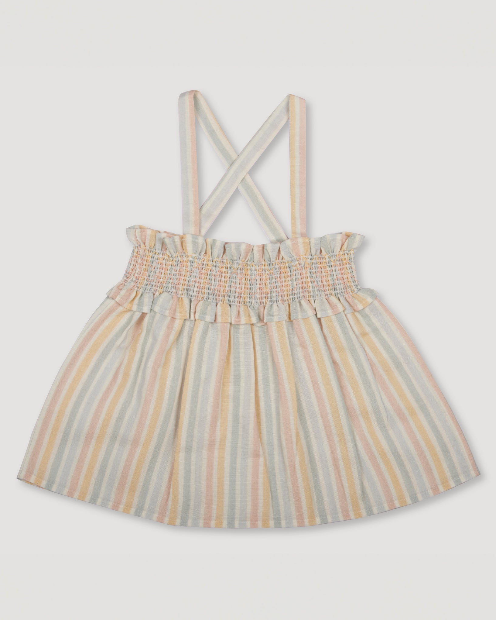 Early Sunday, Olivia Blouse in Summer Stripe, made from Printed canvas 70% Cotton 30% Linen fabric, featuring smocked bodice for a flexible fit, cross-back straps and a flared hem, shown in a back flat-lay view