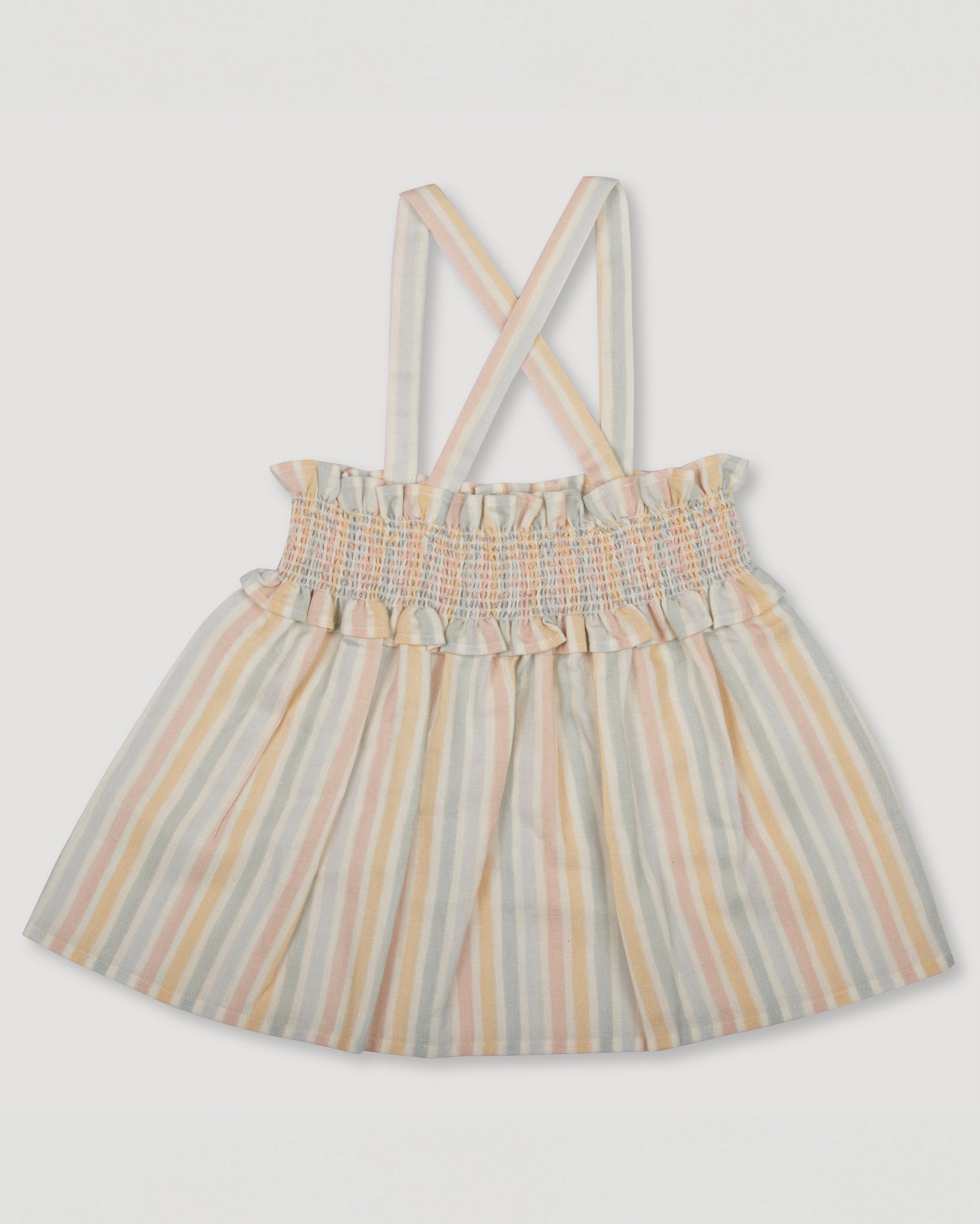 Early Sunday, Olivia Blouse in Summer Stripe, made from Printed canvas 70% Cotton 30% Linen fabric, featuring smocked bodice for a flexible fit, cross-back straps and a flared hem, shown in a front flat-lay view