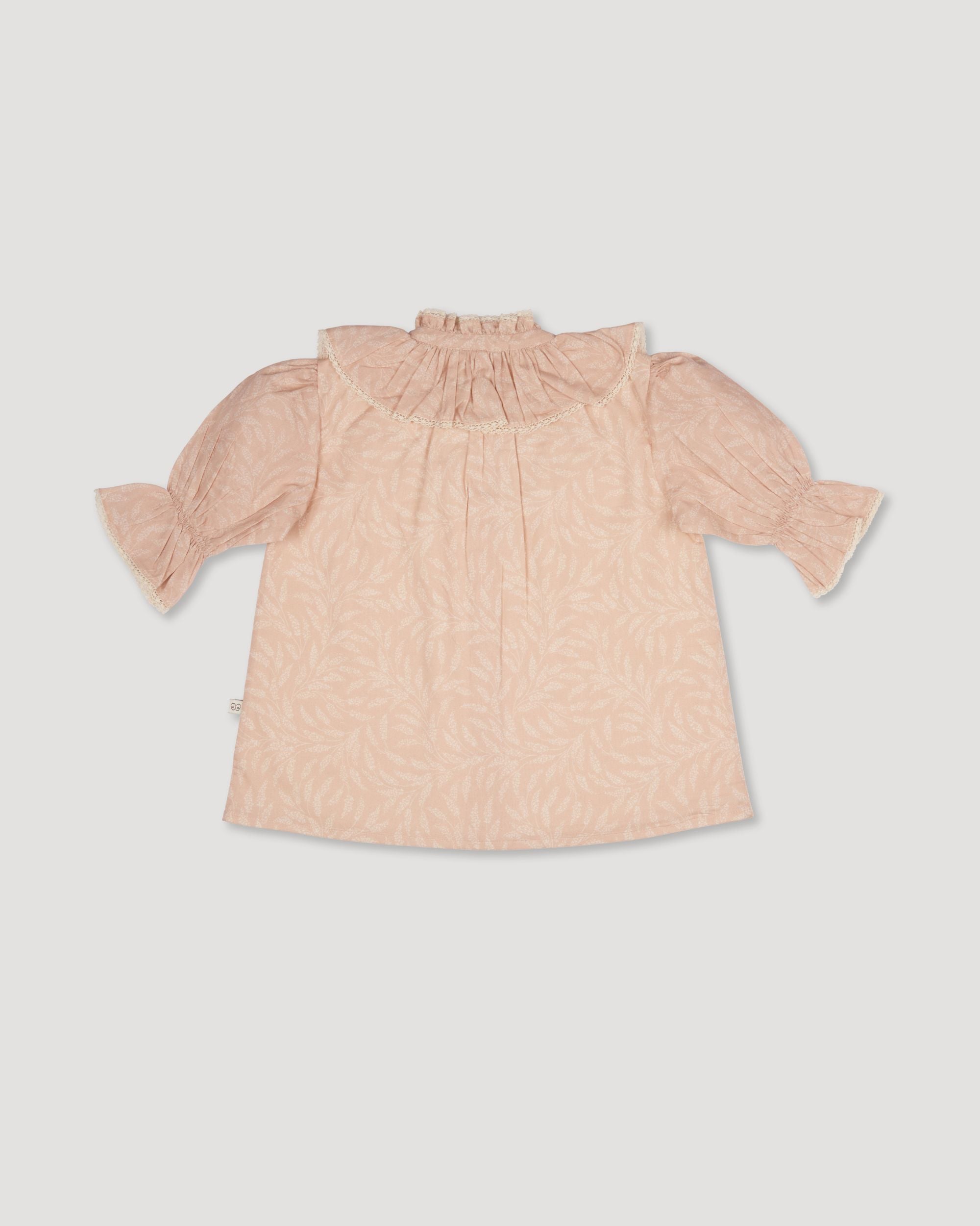 Early Sunday, Ophelie Blouse in Feather print, made from Printed Cotton Cambric fabric, featuring Comfort-first design with a playful silhouette and French seams, shown in a back flat-lay view