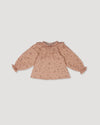 Early Sunday, Paloma Blouse in Acorn Dusty Pink, made from Printed Cotton Double Gauze fabric, featuring relaxed fit with a ruffle neckline, shown in a back flat-lay view