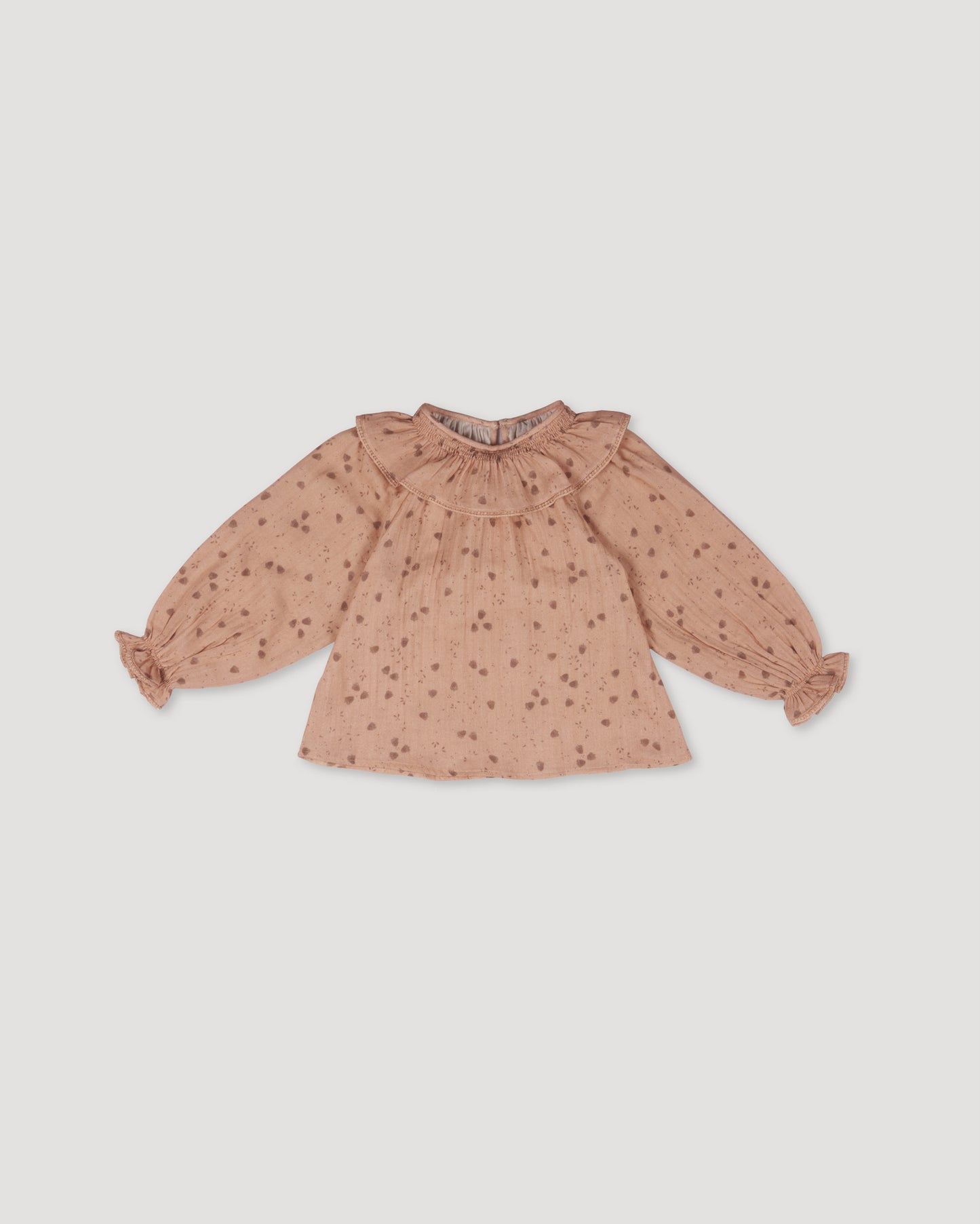 Early Sunday, Paloma Blouse in Acorn Dusty Pink, made from Printed Cotton Double Gauze fabric, featuring relaxed fit with a ruffle neckline, shown in a back flat-lay view