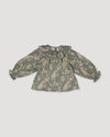 Early Sunday, Paloma Blouse in Autumn Bloom Soft Green, made from Printed Cotton Double Gauze fabric, featuring relaxed fit with a ruffle neckline, shown in a front flat-lay view