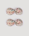 Early Sunday, Penelope Clip in Floral print, made from Printed 60s Cotton Satin fabric, featuring a set of two bow clips with a secure fit, shown in a front flat-lay view