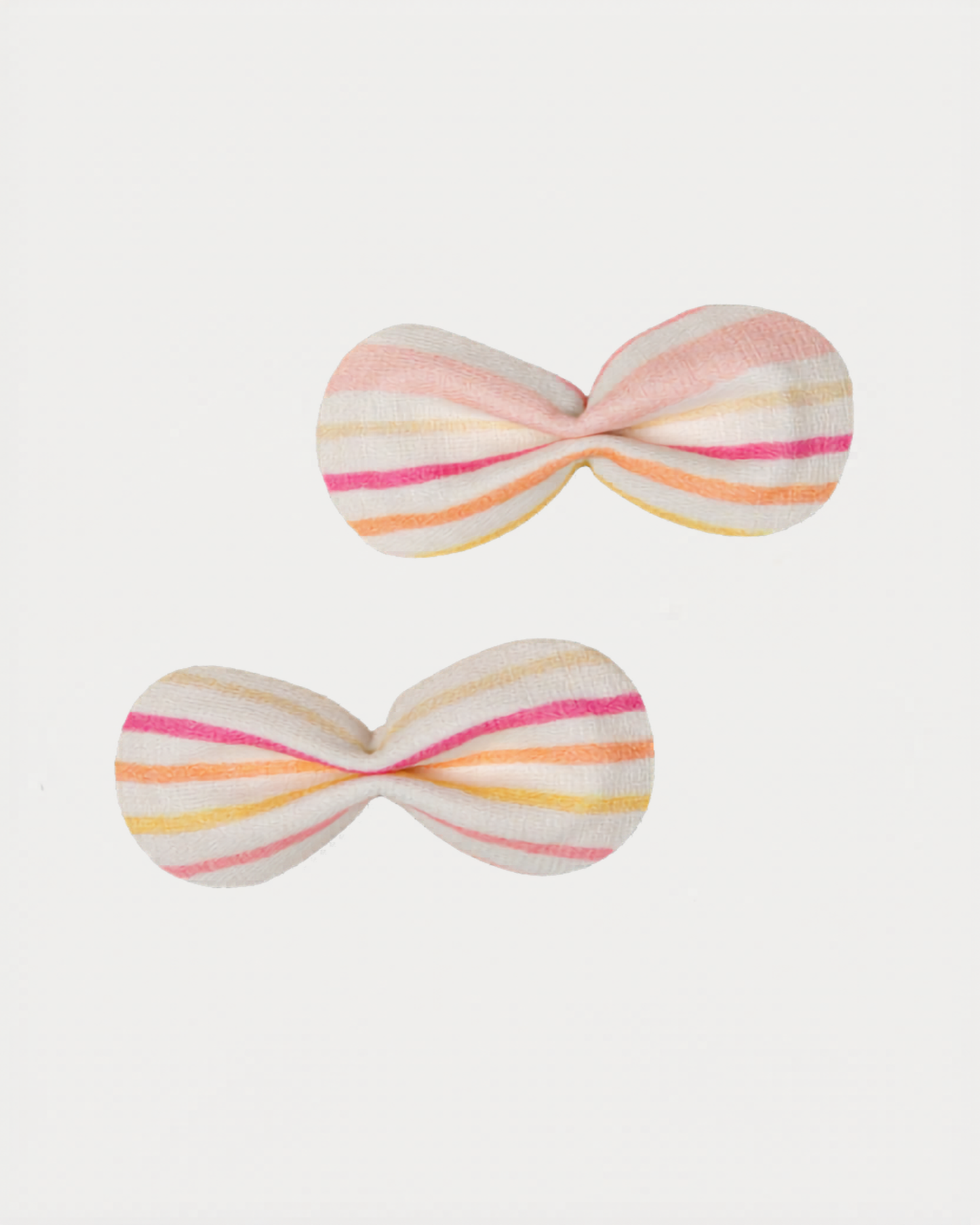 Early Sunday, Penelope Clip in Pink Stripes print, made from Printed 70% Cotton, 30% Linen fabric, featuring a set of two bow clips with a secure fit, shown in a front flat-lay view