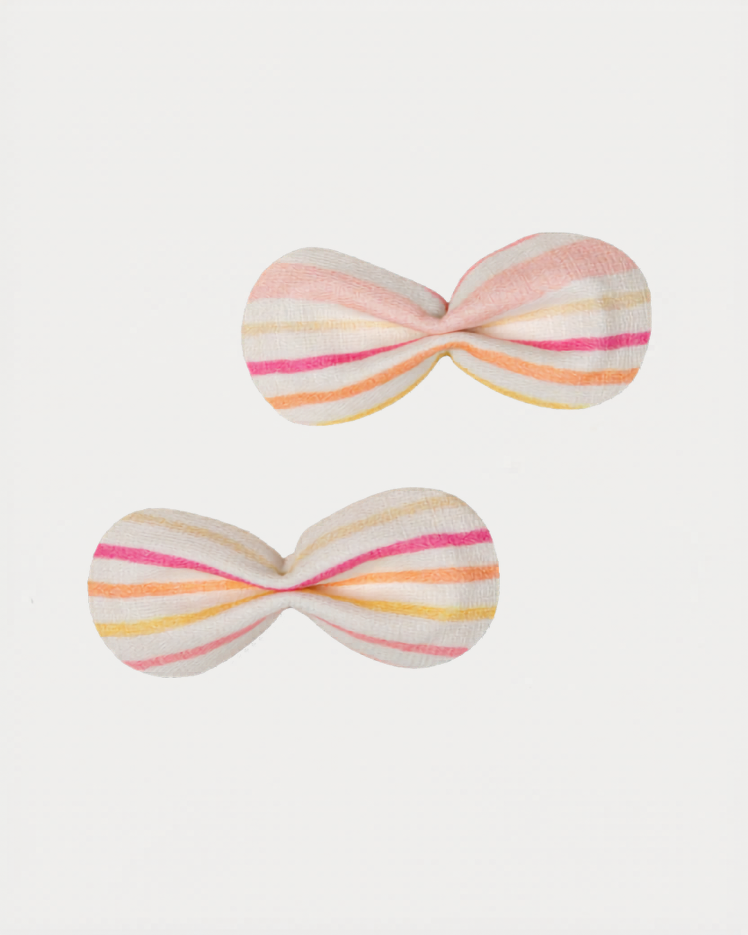 Early Sunday, Penelope Clip in Pink Stripes print, made from Printed 70% Cotton, 30% Linen fabric, featuring a set of two bow clips with a secure fit, shown in a front flat-lay view