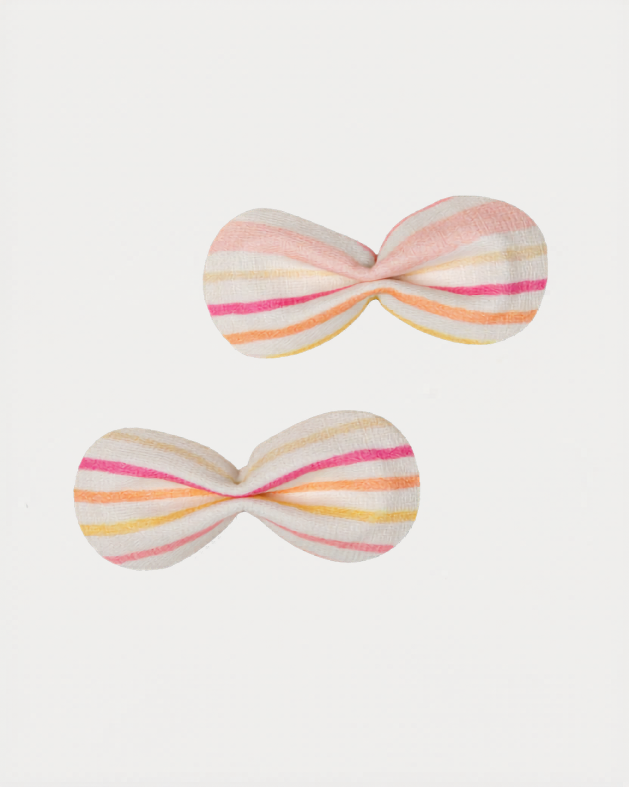 Early Sunday, Penelope Clip in Pink Stripes print, made from Printed 70% Cotton, 30% Linen fabric, featuring a set of two bow clips with a secure fit, shown in a front flat-lay view