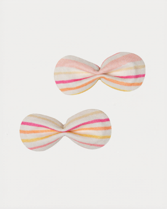 Early Sunday, Penelope Clip in Pink Stripes print, made from Printed 70% Cotton, 30% Linen fabric, featuring a set of two bow clips with a secure fit, shown in a front flat-lay view