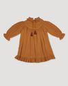 Early Sunday, Penelope Dress in Almond, made from Dyed Cotton Double Gauze fabric, featuring Hand-embroidered floral motifs, shown in a back flat-lay view
