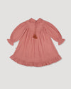 Early Sunday, Penelope Dress in Rose, made from Dyed Cotton Double Gauze fabric, featuring Hand-embroidered floral motifs, shown in a back flat-lay view