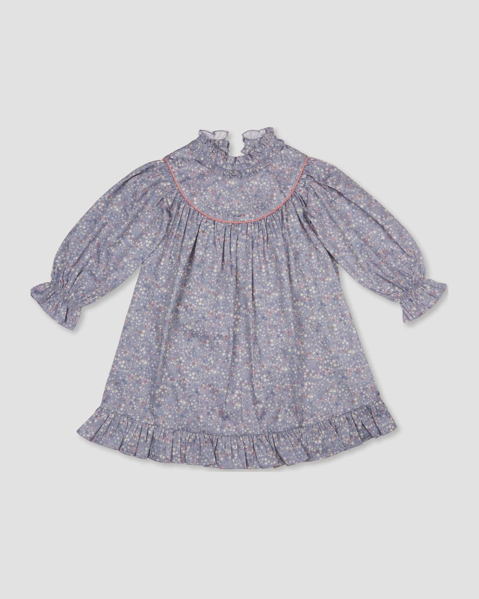 Early Sunday, Penelope Dress in Celestial print, made from Printed Cotton Satin fabric, featuring Hand-embroidered floral motifs, shown in a front flat-lay view