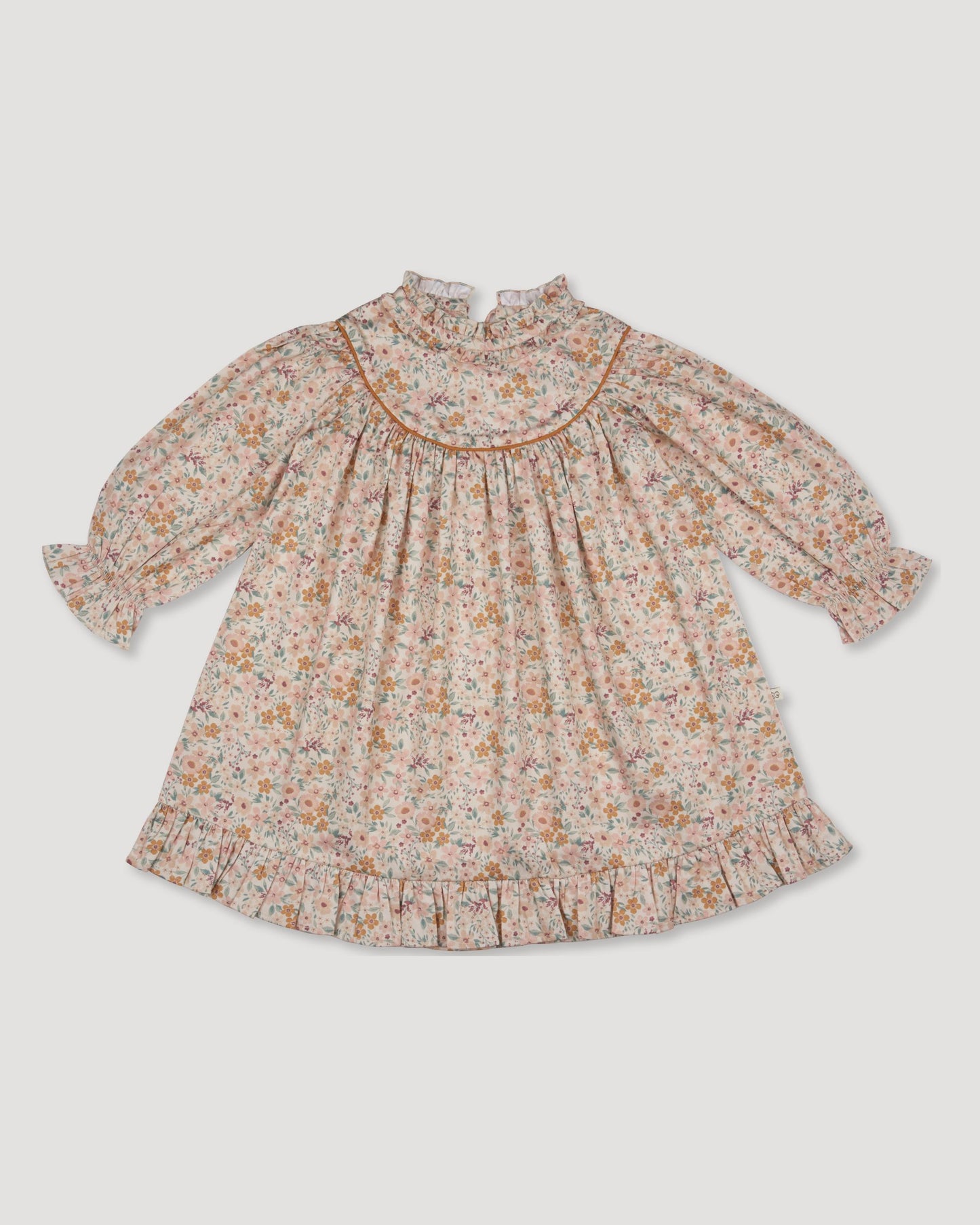 Early Sunday, Penelope Dress in Floral print, made from Printed Cotton Satin fabric, featuring Hand-embroidered floral motifs, shown in a front flat-lay view