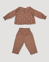 Early Sunday, Penny & Fifi Baby Set in Bark color, made from All-over Embroidered 30s Cotton Brushed Twill fabric, featuring relaxed silhouette with coordinated set, shown in a back flat-lay view
