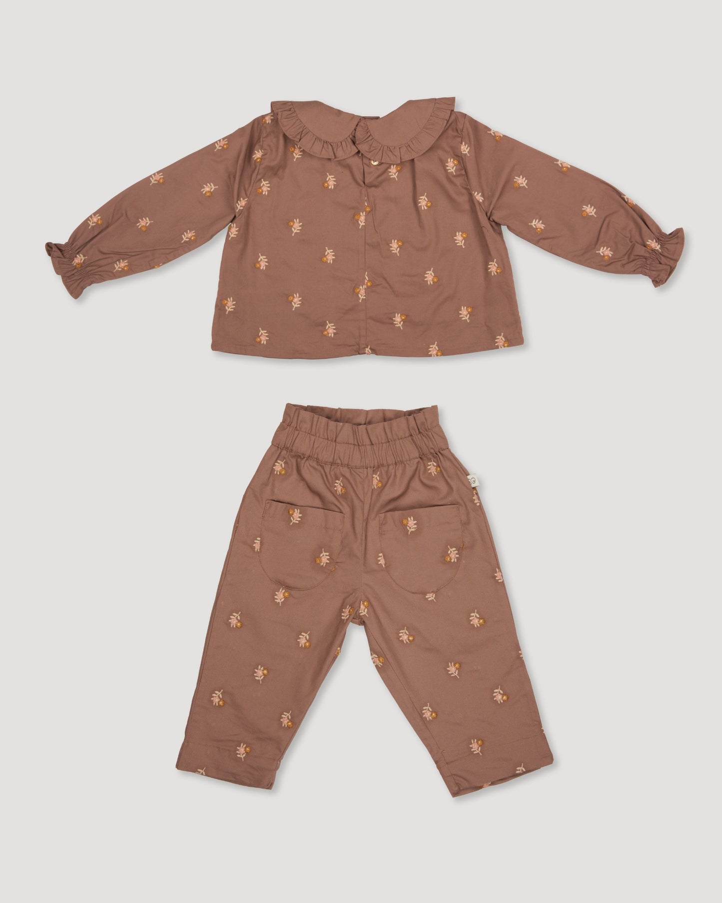 Early Sunday, Penny & Fifi Baby Set in Bark color, made from All-over Embroidered 30s Cotton Brushed Twill fabric, featuring relaxed silhouette with coordinated set, shown in a back flat-lay view
