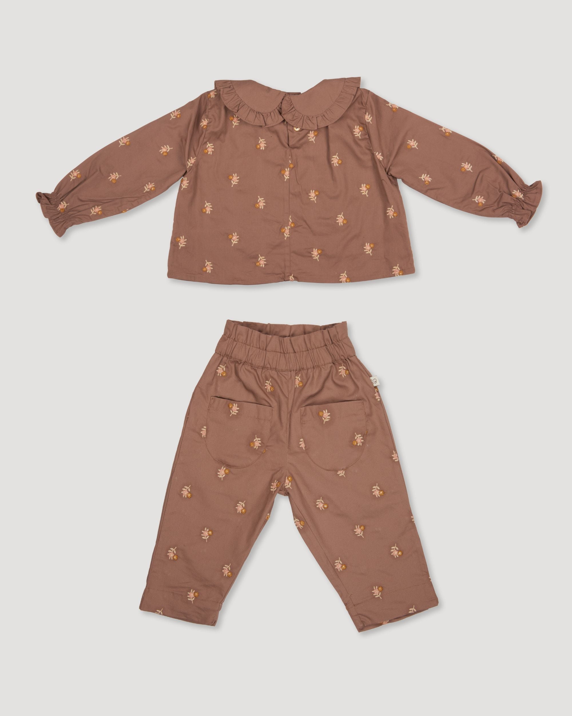Early Sunday, Penny & Fifi Baby Set in Bark color, made from All-over Embroidered 30s Cotton Brushed Twill fabric, featuring relaxed silhouette with coordinated set, shown in a back flat-lay view