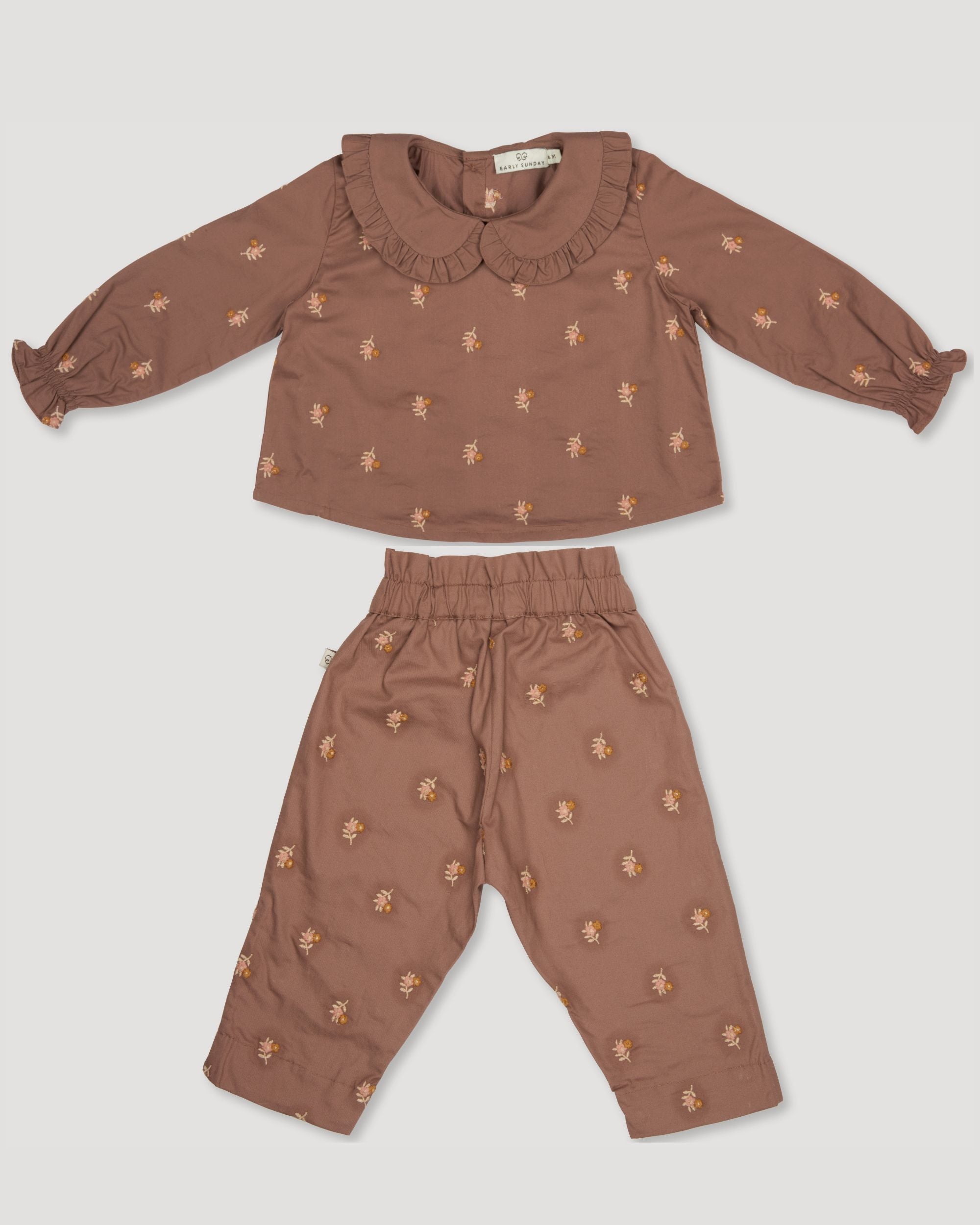 Early Sunday, Penny & Fifi Baby Set in Bark color, made from All-over Embroidered 30s Cotton Brushed Twill fabric, featuring relaxed silhouette with coordinated set, shown in a front flat-lay view