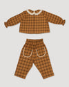 Early Sunday, Penny & Fifi Baby Set in Almond Checks print, made from Cotton Yarn Dyed Brushed Checks fabric, featuring relaxed checks silhouette with coordinated set, shown in a back flat-lay view