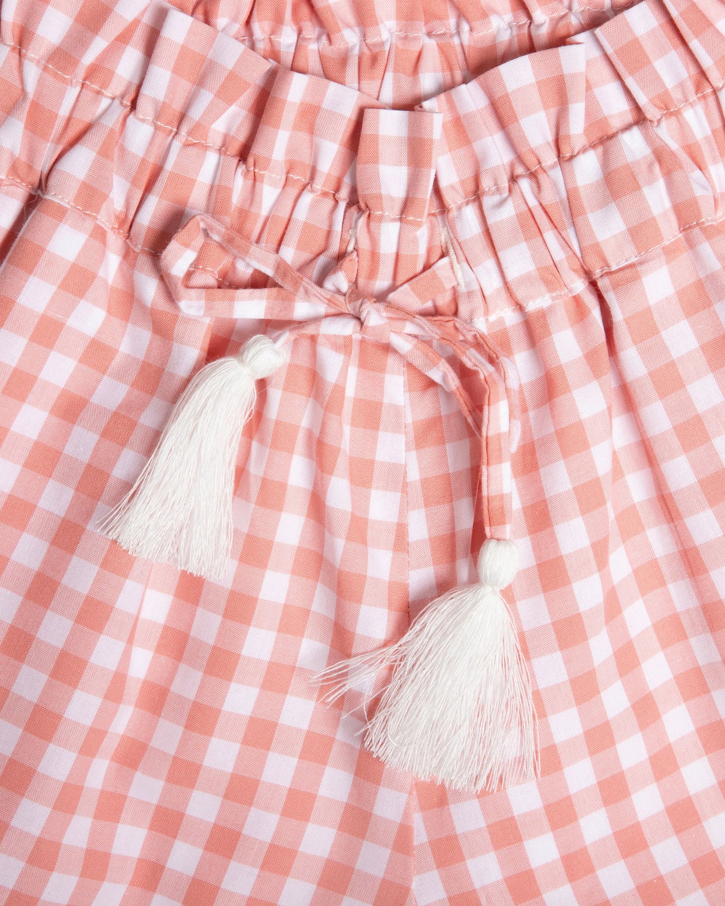 Early Sunday, Roman Cotton Gingham Check Short in Peony color, made from 100% Cotton fabric, featuring closeup flat-lay view, shown in a closeup flat-lay view