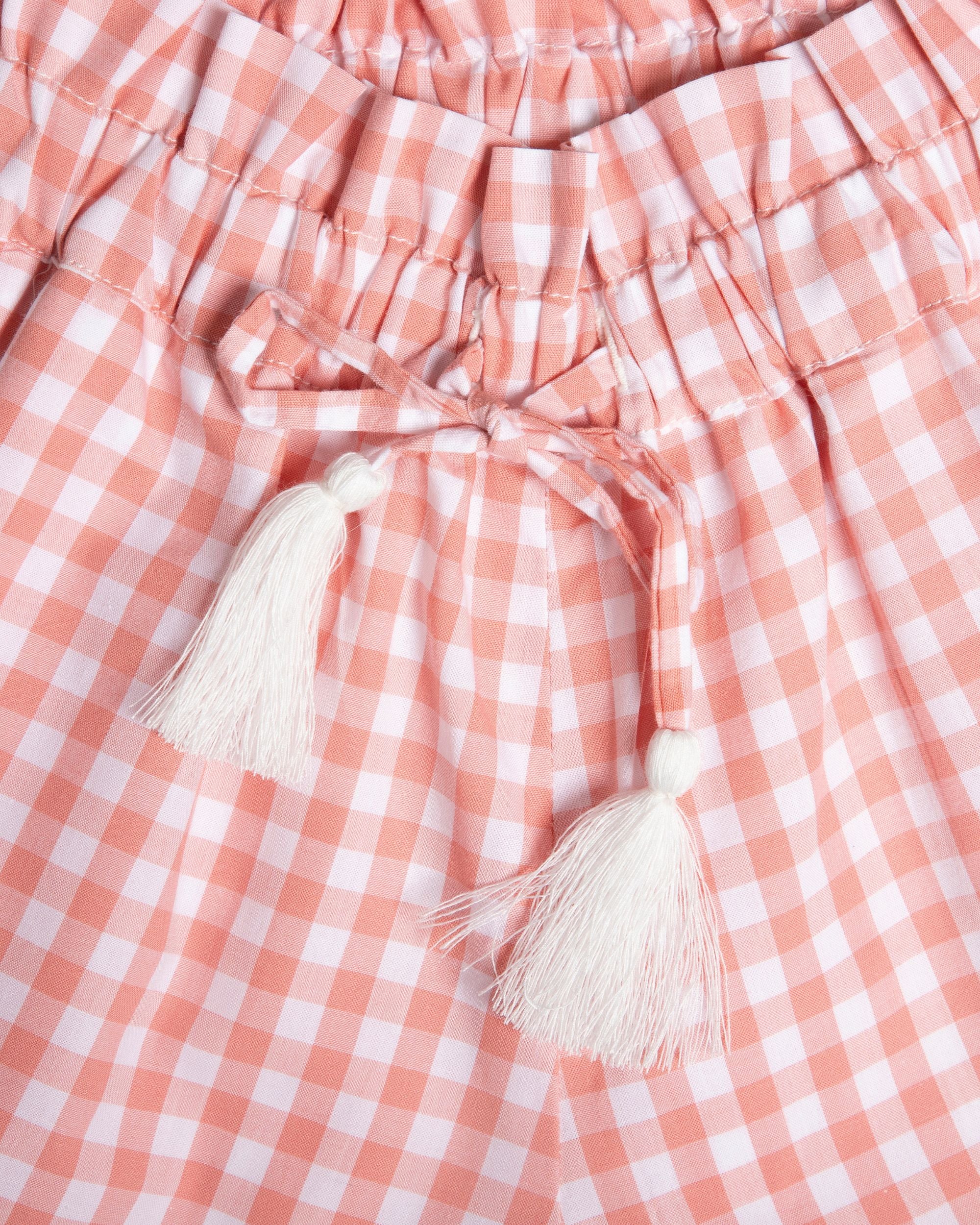 Early Sunday, Roman Cotton Gingham Check Short in Peony color, made from 100% Cotton fabric, featuring closeup flat-lay view, shown in a closeup flat-lay view