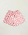 Early Sunday, Roman Cotton Gingham Check Short in Peony color, made from 100% Cotton fabric, featuring a relaxed silhouette with a comfortable elastic waistband, shown in a front flat-lay view