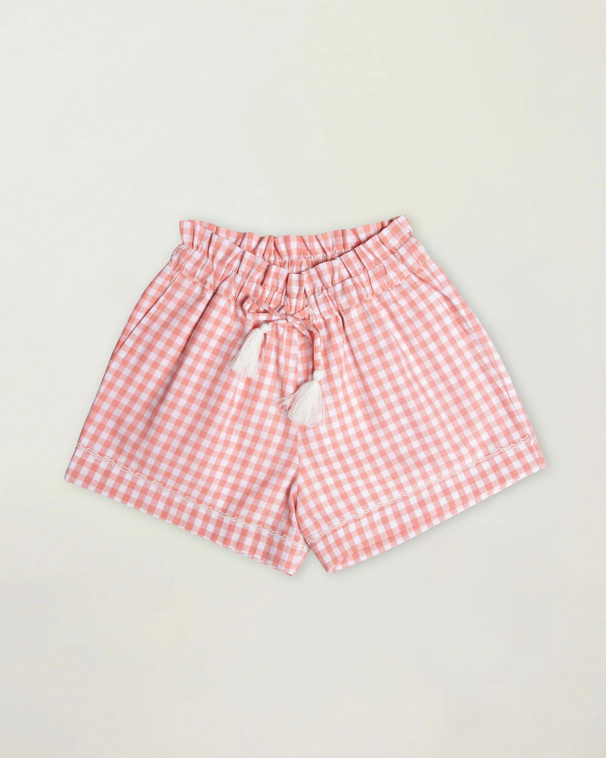 Early Sunday, Roman Cotton Gingham Check Short in Peony color, made from 100% Cotton fabric, featuring a relaxed silhouette with a comfortable elastic waistband, shown in a front flat-lay view