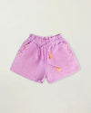 Early Sunday, Roman Short in Lilac color, made from 70% Cotton 30% Linen fabric, featuring a relaxed fit with an elastic waistband & beautiful embroidery, shown in a front flat-lay view