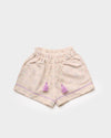 Early Sunday, Roman Short in Painted Bouquet print, made from 70% Cotton 30% Linen fabric, featuring a relaxed fit with an elastic waistband & floral design, shown in a front flat-lay view