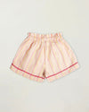 Early Sunday, Roman Short in Pink Strips print, made from 70% Cotton 30% Linen fabric, featuring a relaxed fit with an elastic waistband & striped design, shown in a back flat-lay view
